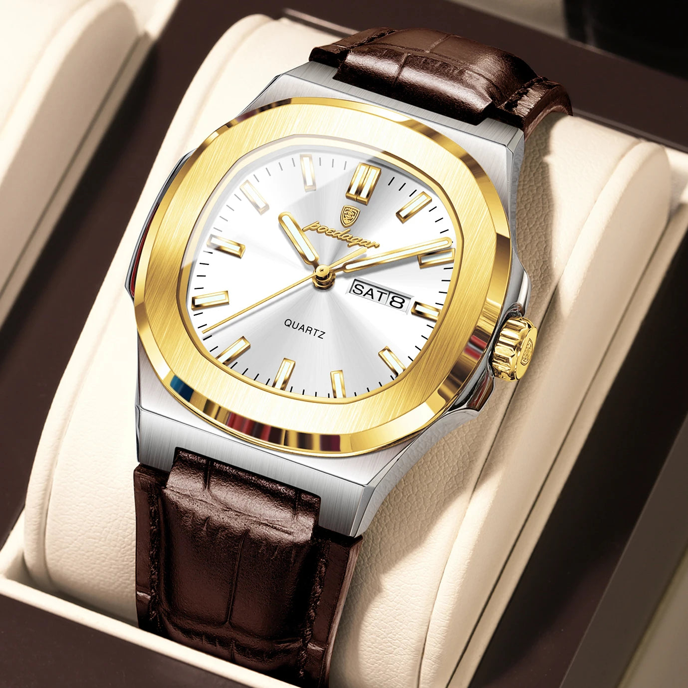 POEDAGAR Top Fashion Men's Quartz Watches Luxury Luminous Waterproof Man Clock Week Date Leather Business Men Watch Reloj Hombre