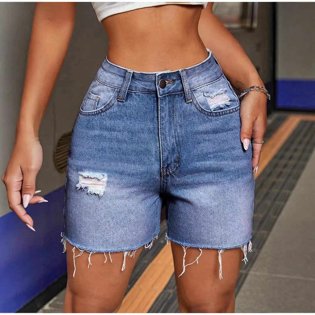 Women's Blue Mid Waist Straight Leg Distressed Cotton Casual Shorts for Women Capri Length Pocket Detail Medium Weight Jorts