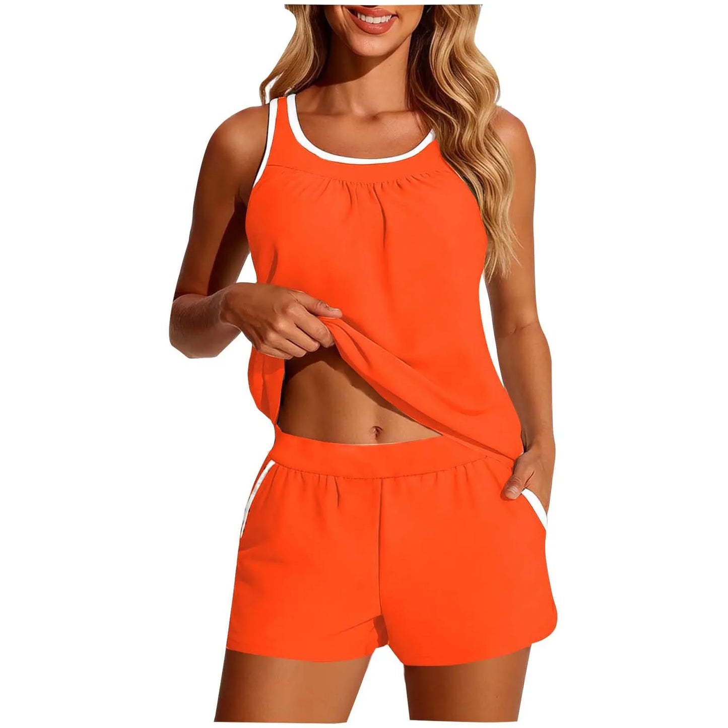 Women's 2-piece Swimwear Sleeveless Cropped Tankini Top Solid Color Two Piece Swim Tank White Trim Loose Fit Bandeau Set