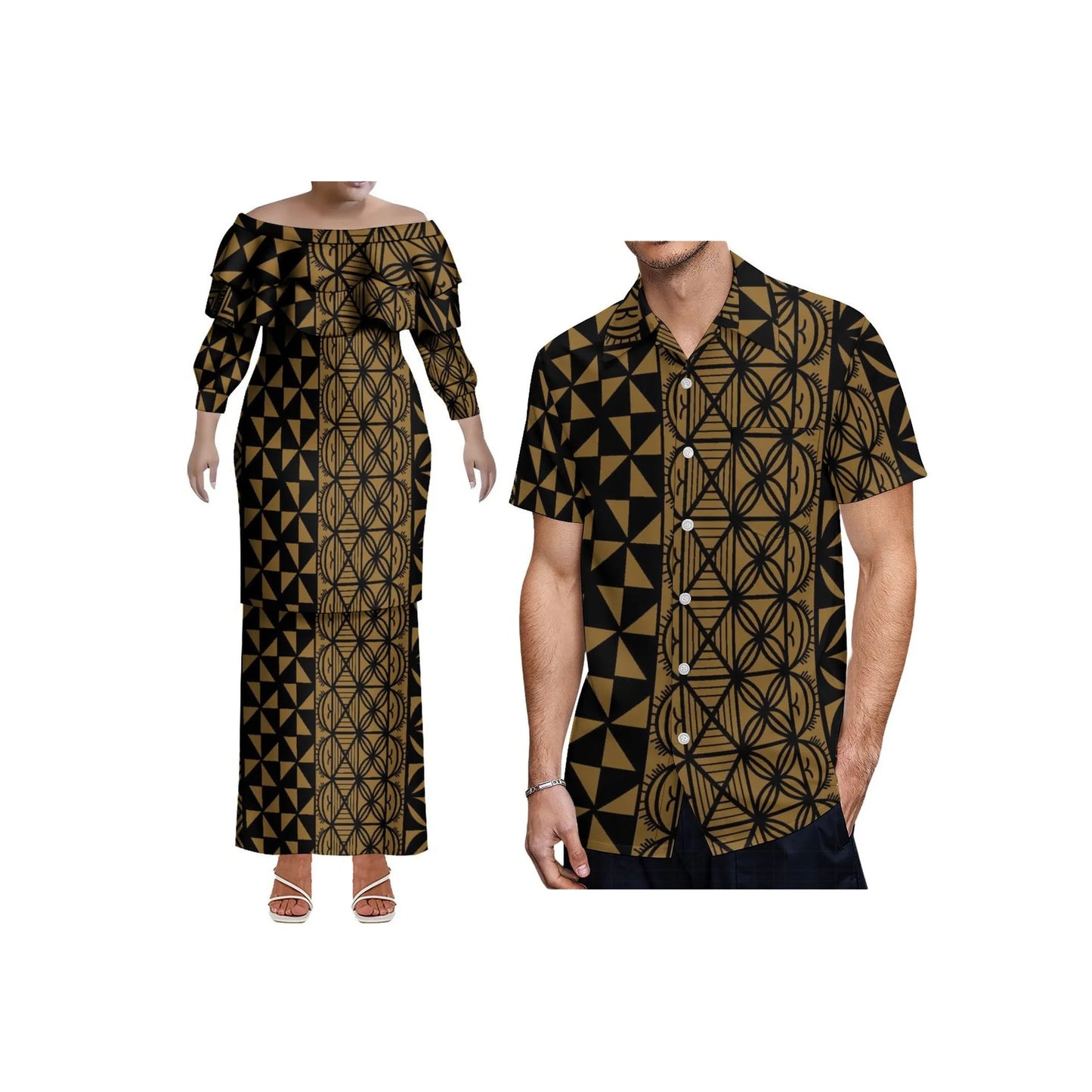 Pacific Island Art Design Customized Plus Size Ladies Long Sleeve Dress Samoa Puletasi Double Layered Ruffle Dress Two Piece Set