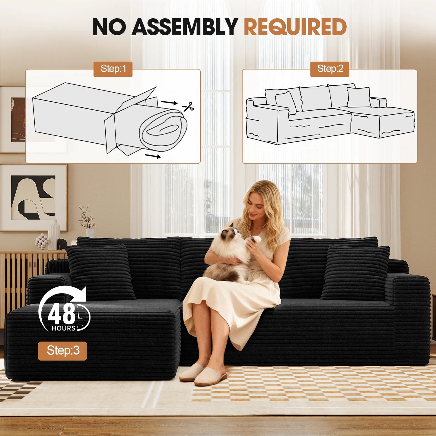 94.5" Cloud Modular Sectional Corduroy Sofa with L-Shape Chaise, No Assembly Deep Seat Corner Couch for Living Room, Black