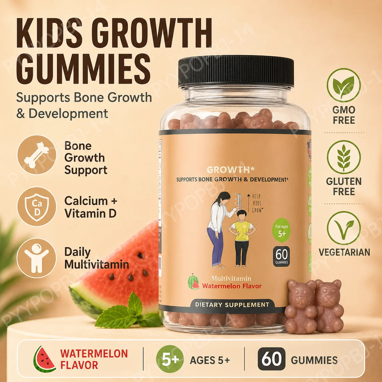 Kids Multivitamin Gummies with Calcium Vitamin D Daily Wellness Support for Kids Watermelon Flavor 60 Gummies