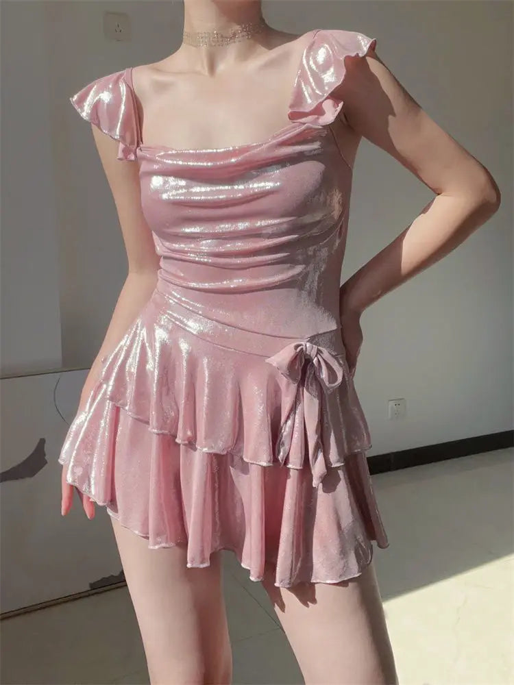 Flattering Shiny Pink Swimwear Women Ruched Tankini Top with Skirt Bottom Tummy Control Bathing Suit Summer Beach Outfits