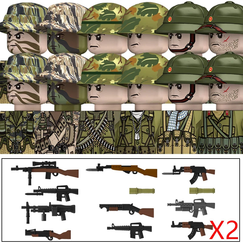 MOC WW2 The Vietnam War Military Soldeirs Building Blocks Vietnamese American Army Infantry Helmets Weapons  Bricks Toys Boys