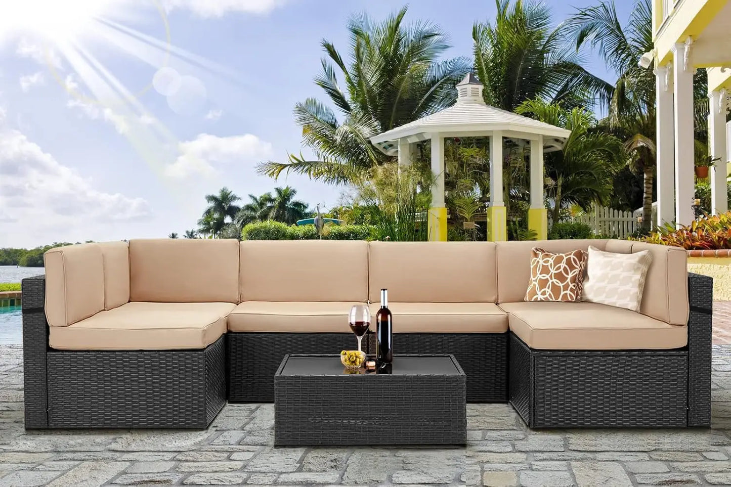 Outdoor Patio Furniture Set, PE Rattan Wicker Sectional Sofa with Cushions & Tea Table, 7 Piece, Black & Beige, Custom