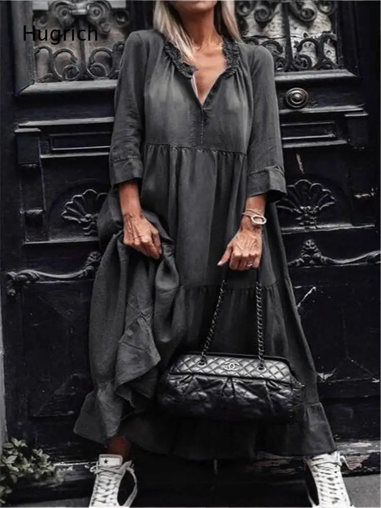 Ruffle Collar V Neck Three Quarter Sleeve Tiered Long Dress Loose Flowy A Line Hem Soft Casual Street Maxi Dress