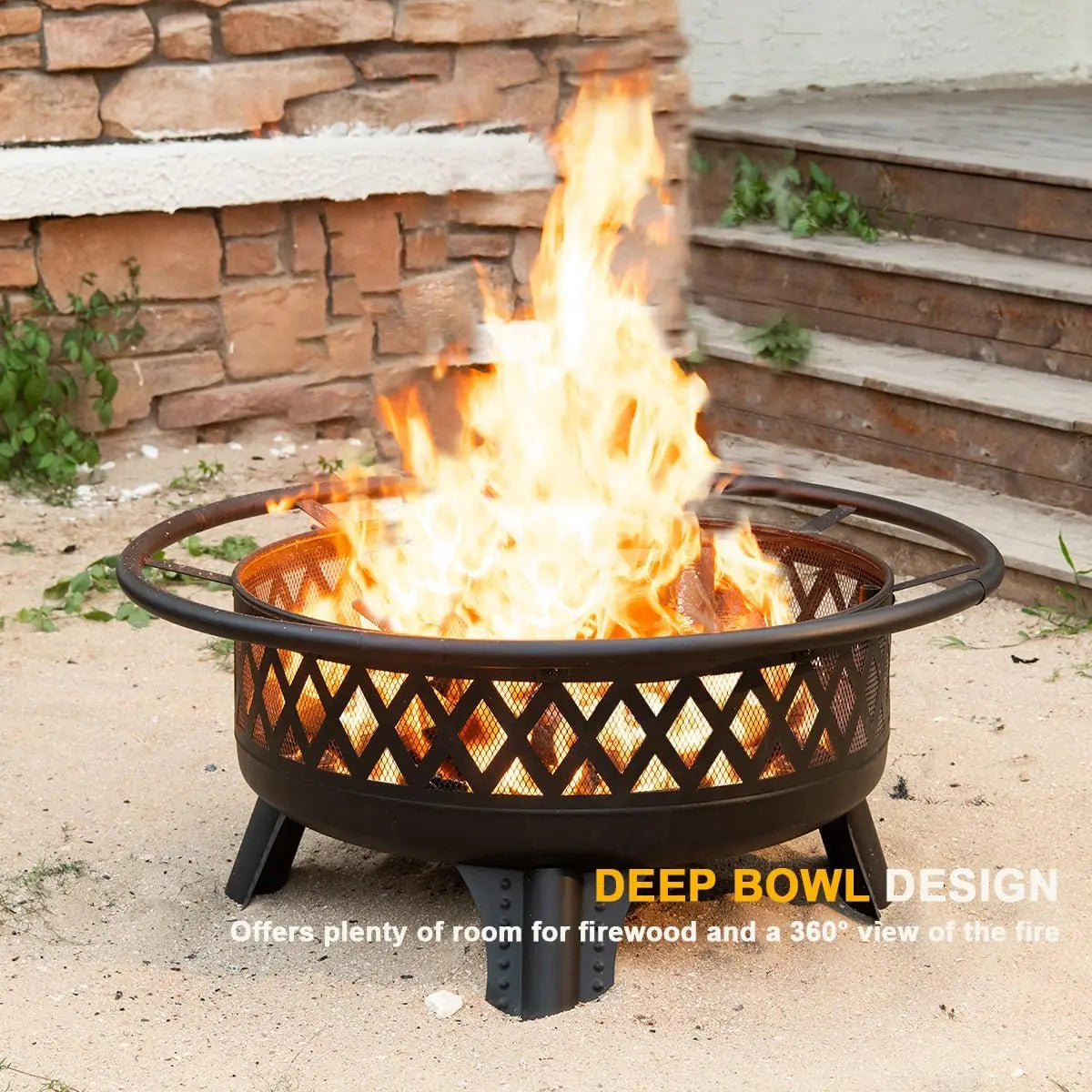 38 Inch Wood Burning Fire Pit for Outside, Round Firepit with Grill & Metal Lid, Metal Outdoor Fire Pit Table for Patio Backyard