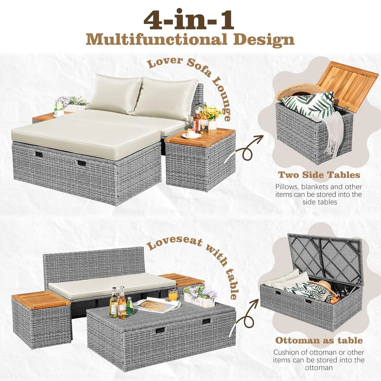 Outdoor Rattan Daybed with 2 Side Tables, Multifunctional Wicker Patio Sofa with Storage Ottoman, Cushions, Customized
