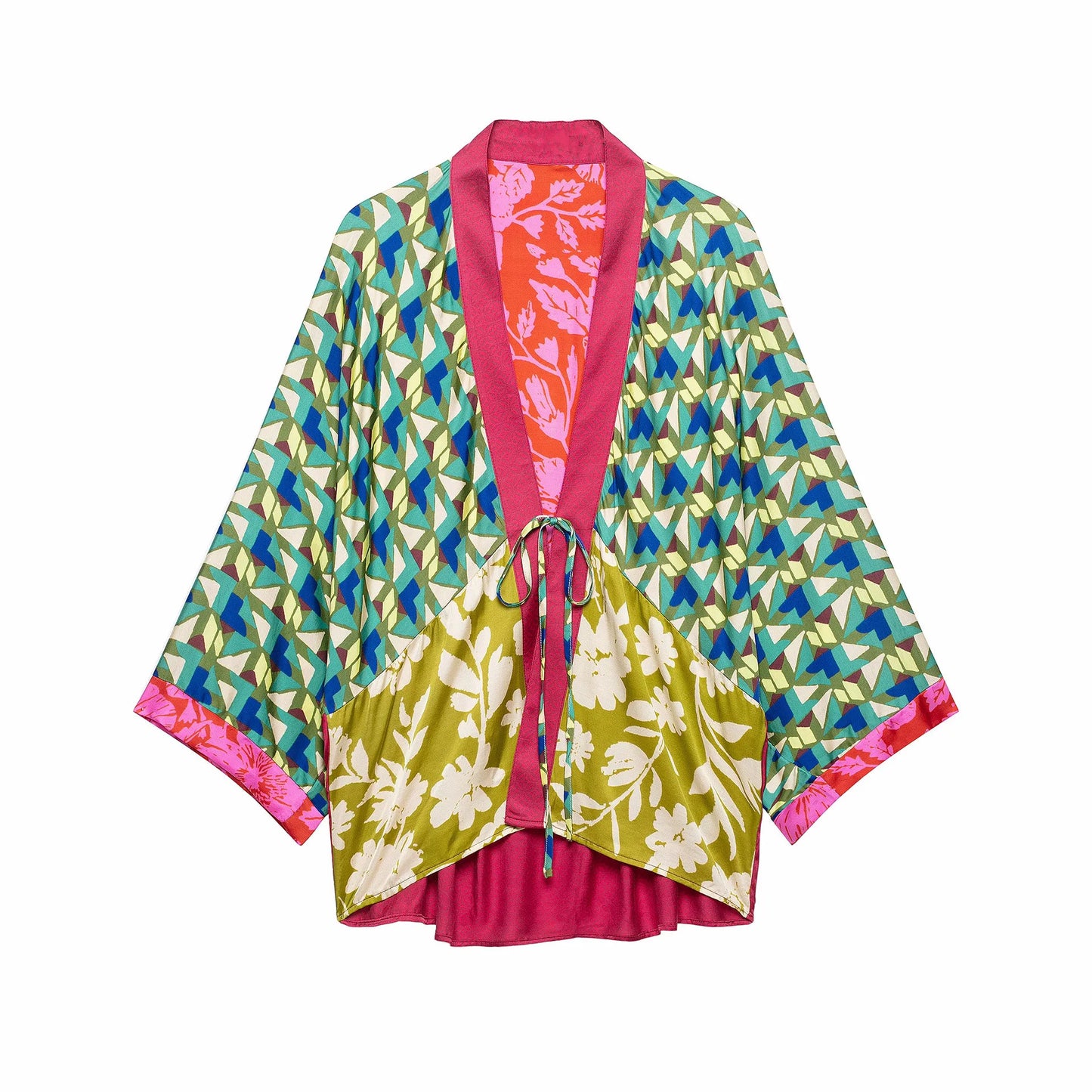 2 pieces 1 Set Autumn Contrast Color Geometric Print Bow Long Bat Sleeve Kimono Cardigan + Tie Bow Waist Asymmetry Skirts Suits
