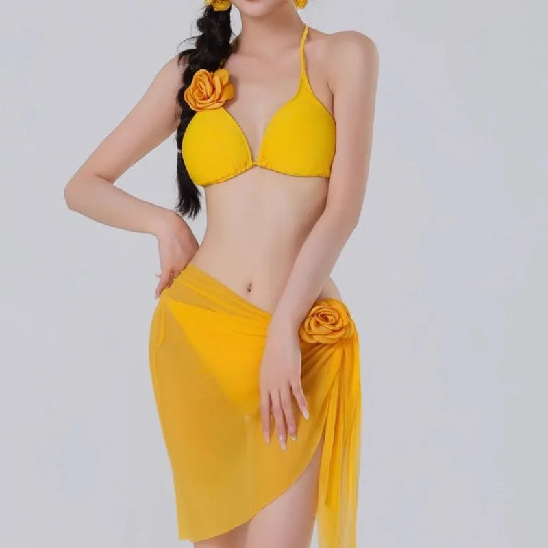 2026 New Women's Thai Style Yellow Floral 3 Piece Swimsuit Set Sexy High Waisted Bikini Luxury Resort Wear Beach Outfit