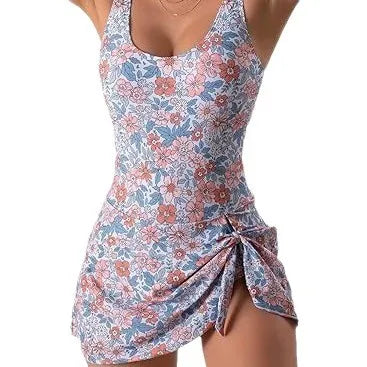 Women Swimsuit Floral Print Tummy Control Swimwear Backless Wrap Skirt Bathing Suit Side Tie Swimsuit Woman Solid Color High