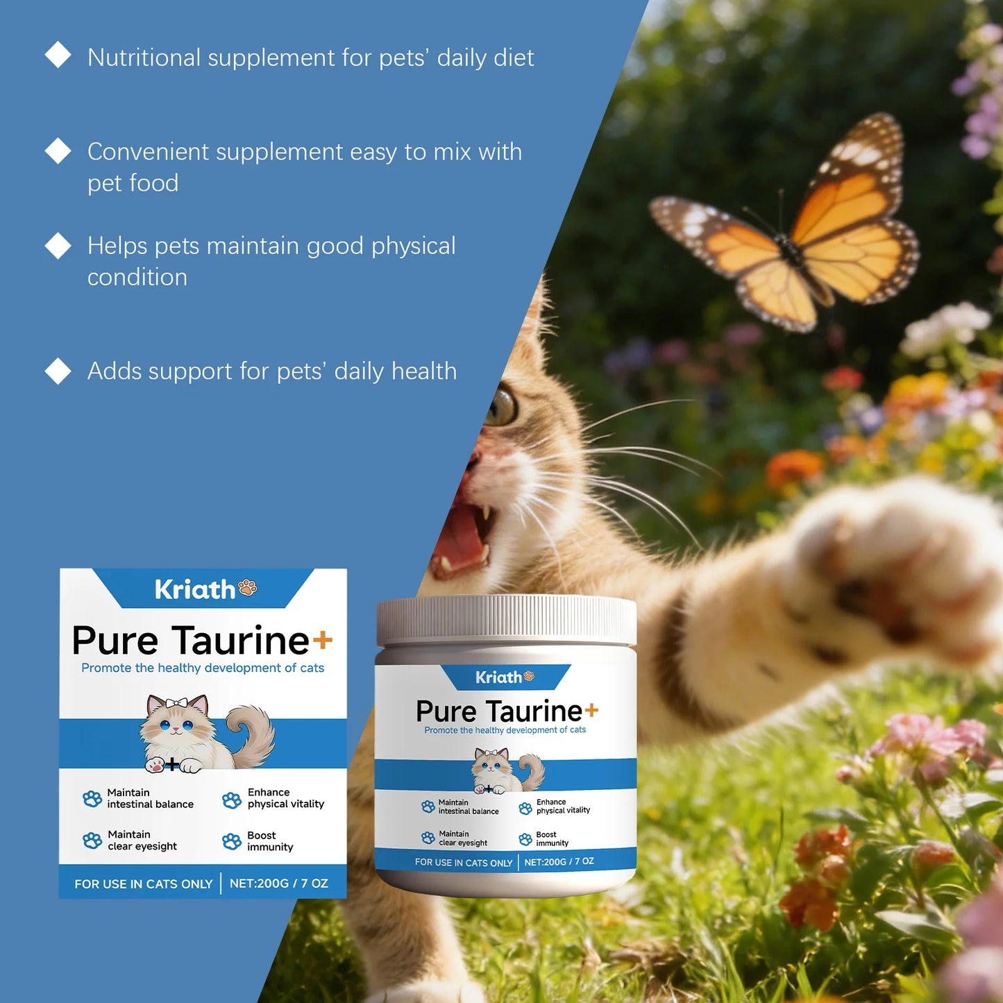 All-in-One Cat Health Powder Taurine & Multivitamin Supplement for Heart Vision Immunity Daily Dose for Kittens Adult Old Cats