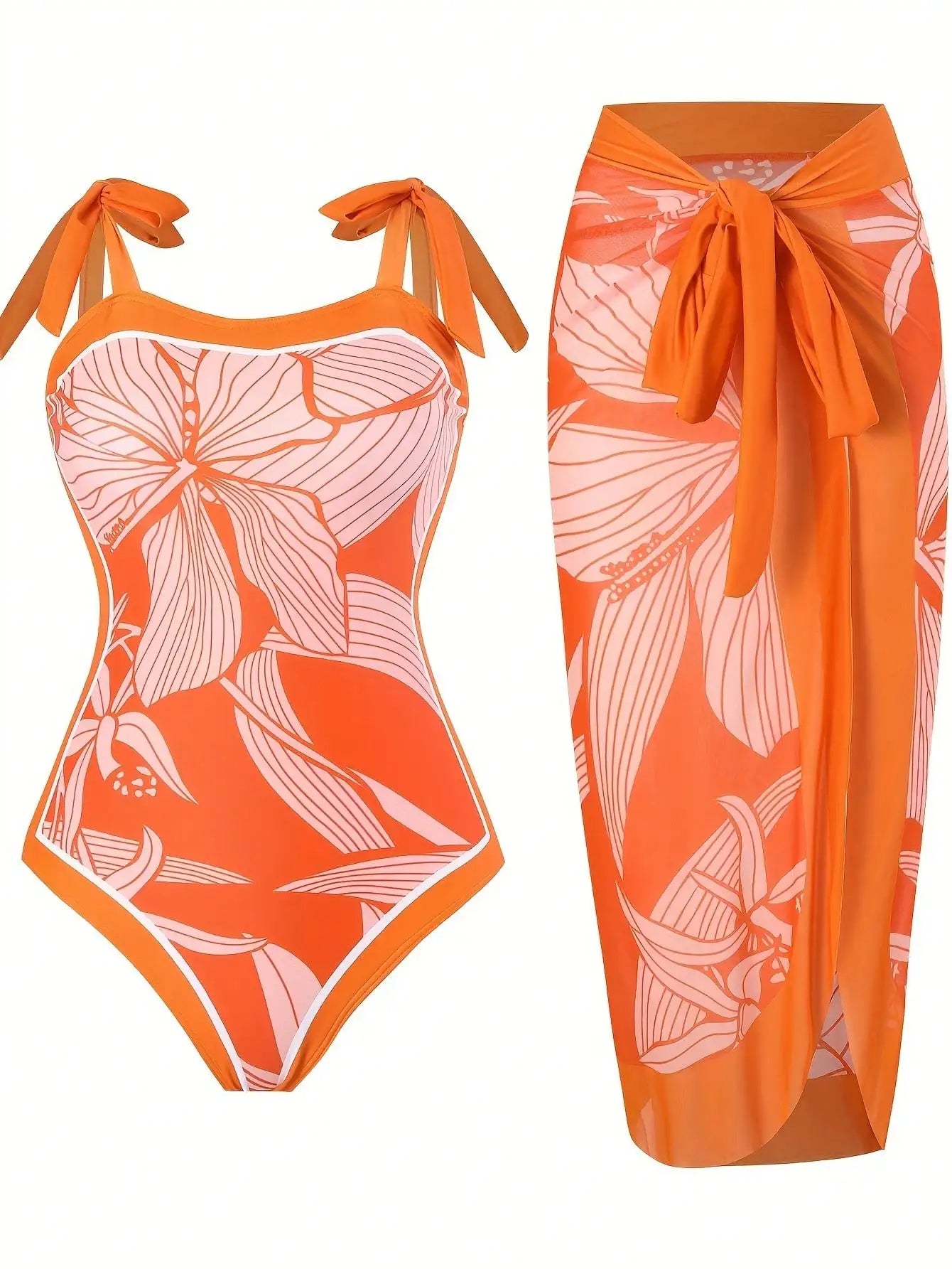 New Orange Tropical Floral One Piece Swimsuit Set, Tie Shoulder Straps Matching Wrap Split Sarong Cover Up Skirt