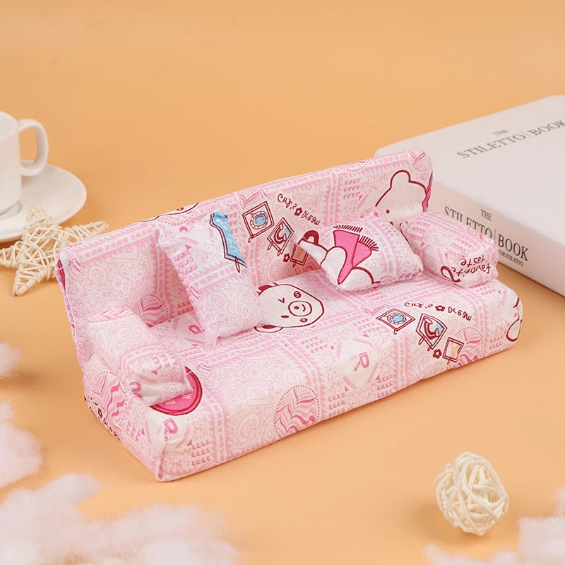 3pcs/set Dollhouse Small Cute Floral Fabric Sofa Set Furniture With 2 Pillow Furniture Accessories For Doll House Decor Toys