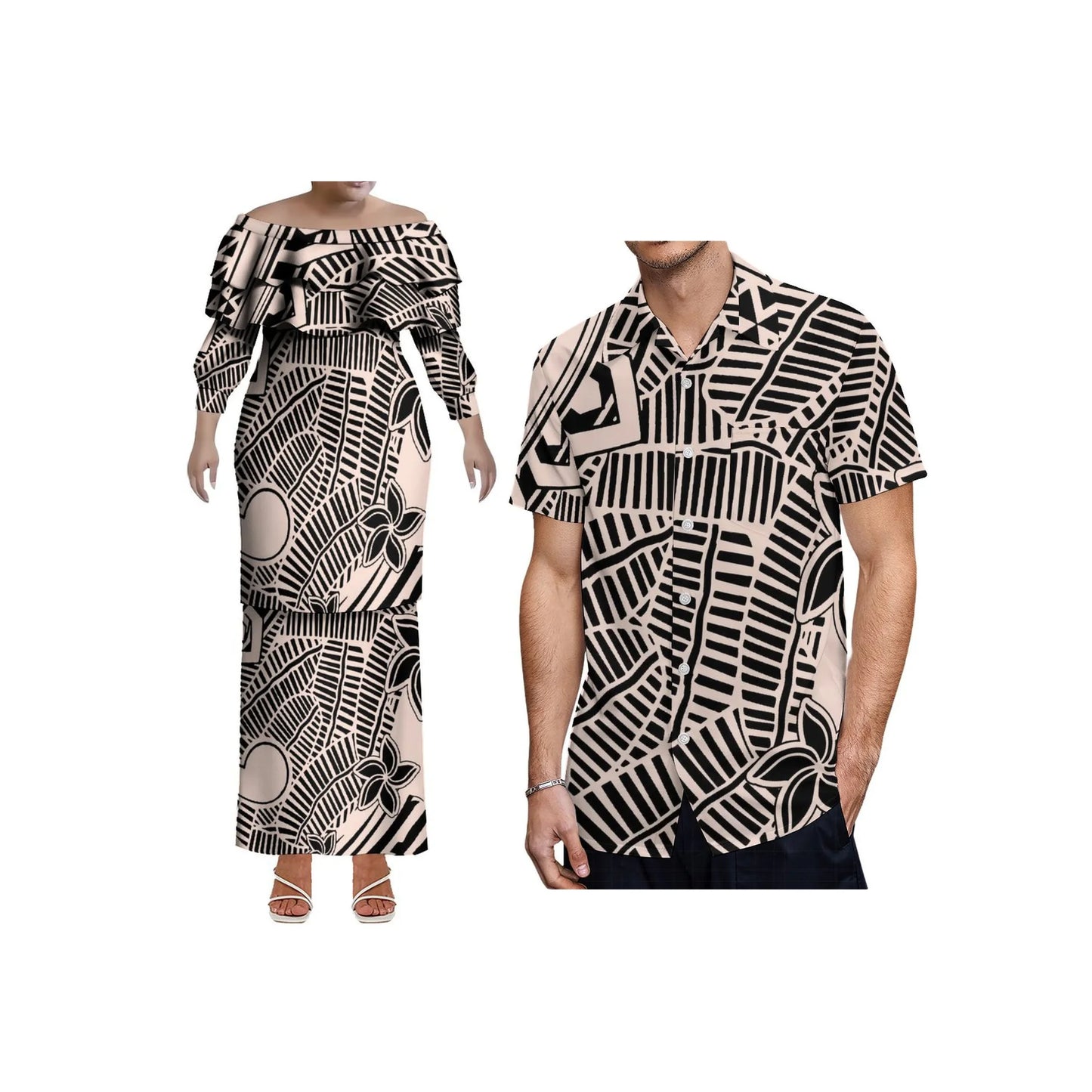 Pacific Island Art Design Customized Plus Size Ladies Long Sleeve Dress Samoa Puletasi Double Layered Ruffle Dress Two Piece Set