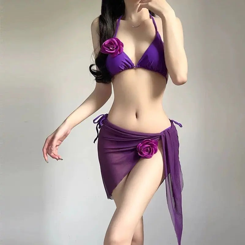 Women Strappy 3 Piece Bikini Set Padded Two Piece Swimsuit Bright Color Bathing Suit Bali Style Beach Holiday Hot Spring Suit