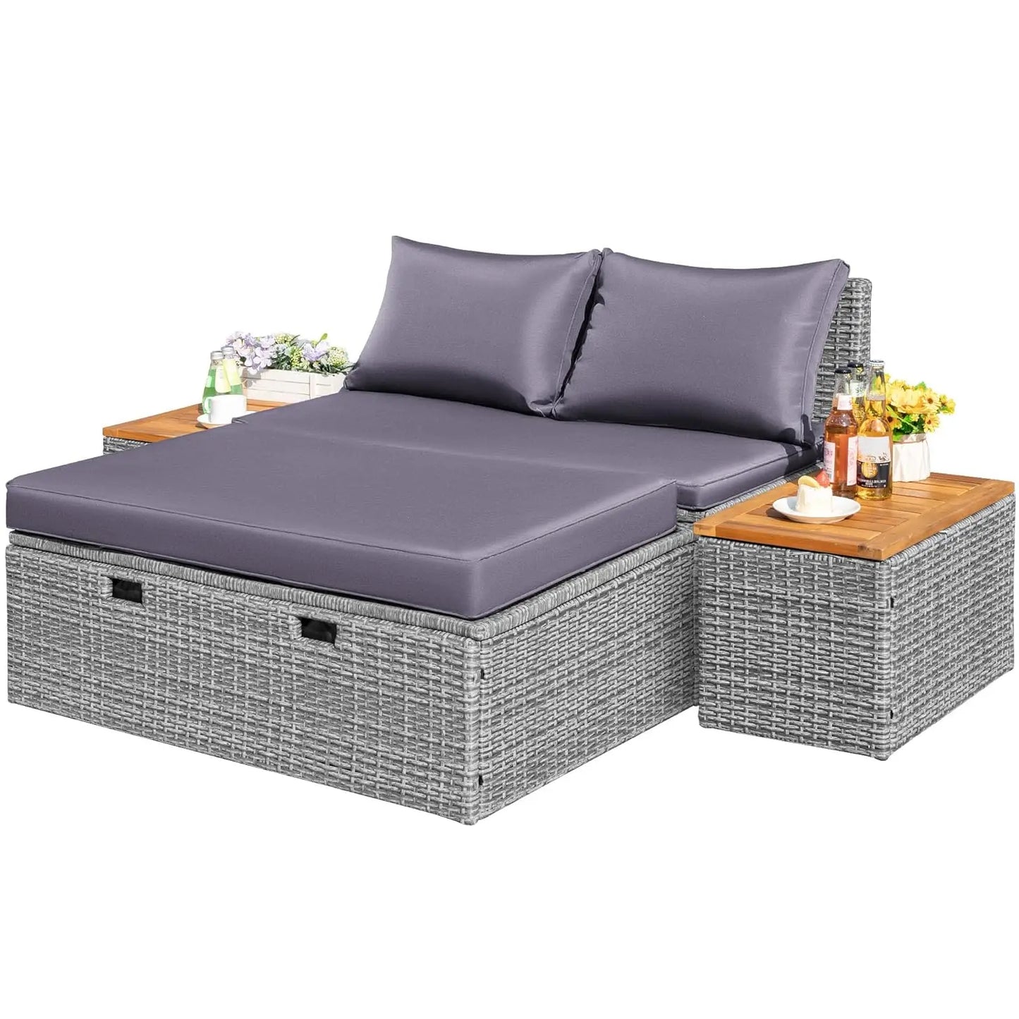 Outdoor Rattan Daybed with 2 Side Tables, Multifunctional Wicker Patio Sofa with Storage Ottoman, Cushions, Customized
