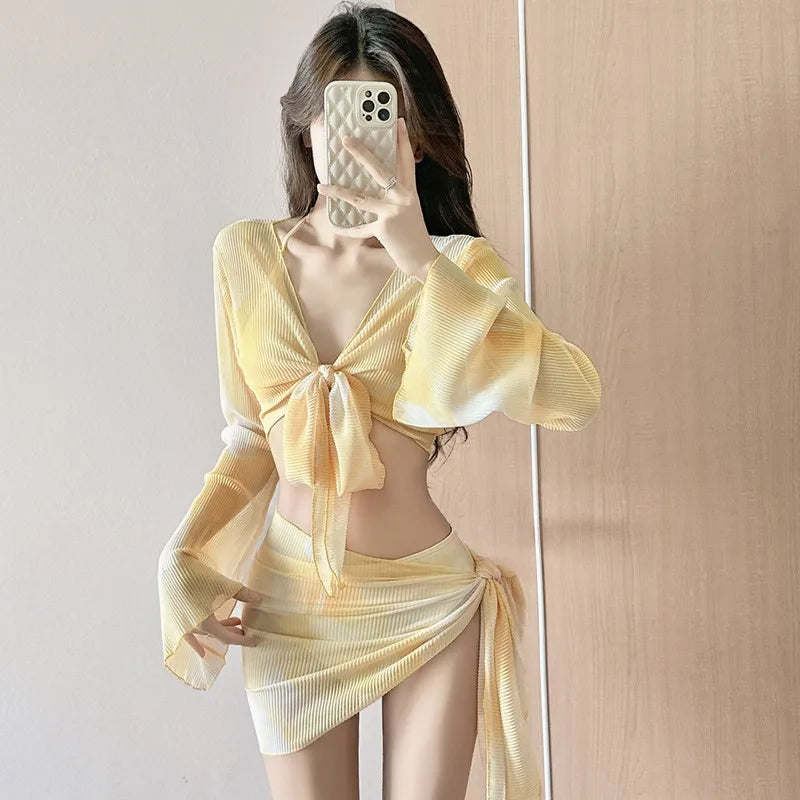 Women Two Piece Swimsuit Set Sexy Push Up Bikini with Sheer Cover Up Top Korean Style Beachwear Bathing Suit for Female Holiday