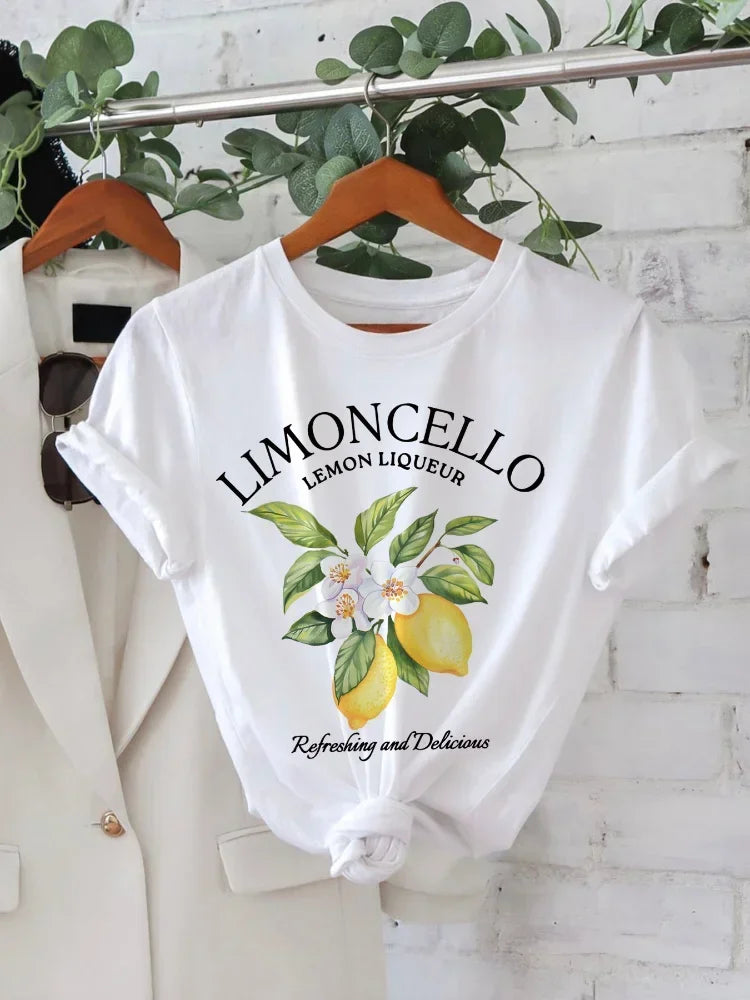 Lemon Letter Print T-shirt Short Sleeve Crew Neck Casual Top For Summer Women Kawaii Streetwear Graphic Tees Vintage Fruit Shirt