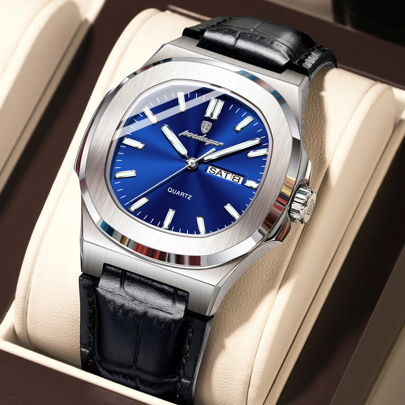 POEDAGAR Top Fashion Men's Quartz Watches Luxury Luminous Waterproof Man Clock Week Date Leather Business Men Watch Reloj Hombre