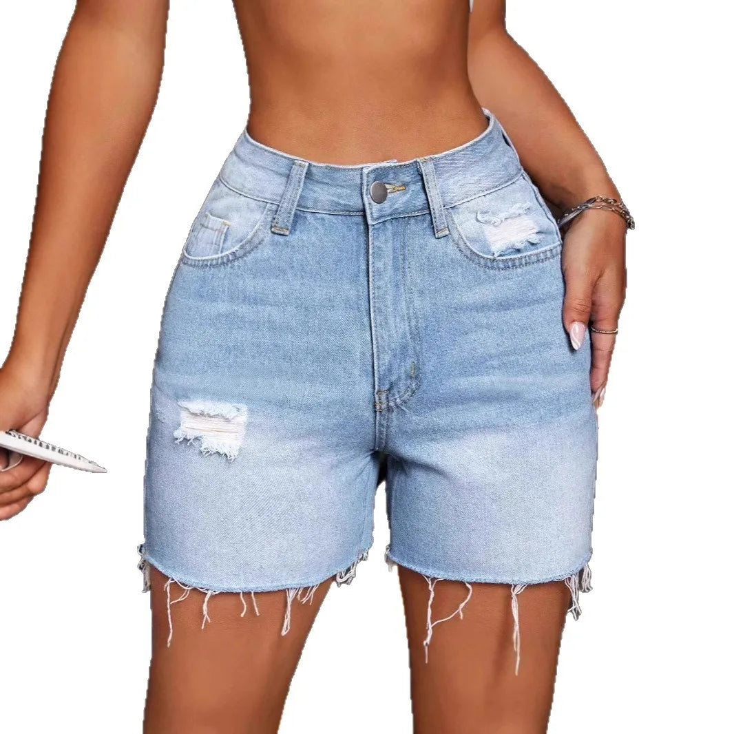 Women's Blue Mid Waist Straight Leg Distressed Cotton Casual Shorts for Women Capri Length Pocket Detail Medium Weight Jorts