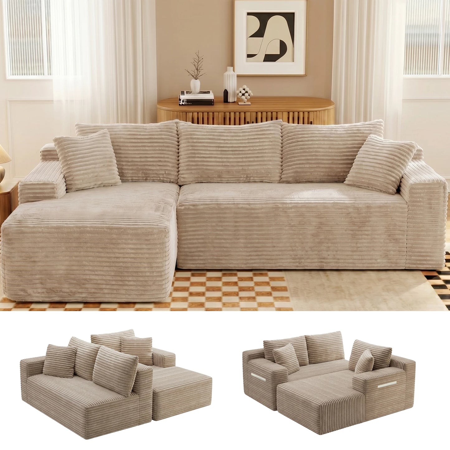 94.5" Cloud Modular Sectional Corduroy Sofa with L-Shape Chaise, No Assembly Deep Seat Corner Couch for Living Room, Black
