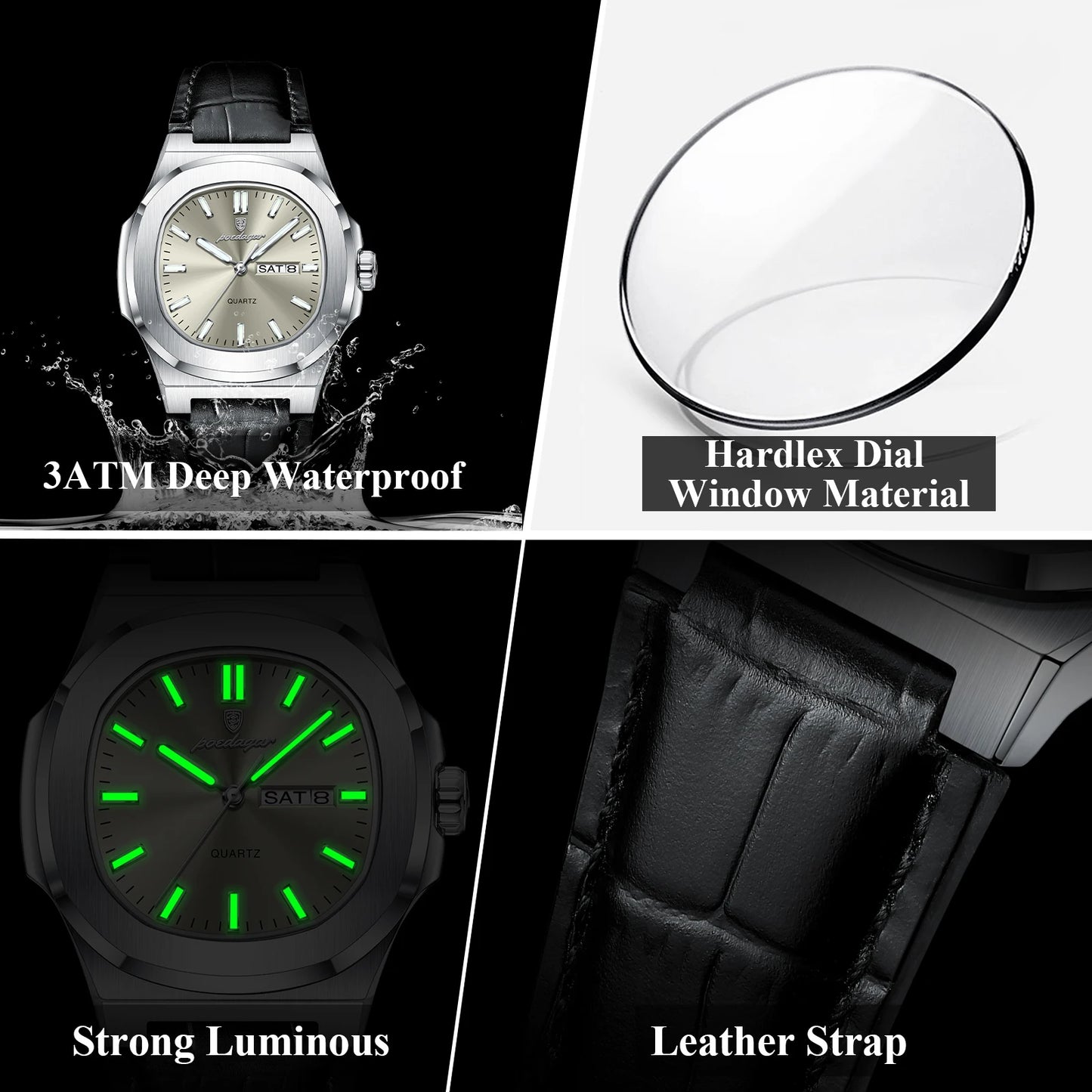 POEDAGAR Top Fashion Men's Quartz Watches Luxury Luminous Waterproof Man Clock Week Date Leather Business Men Watch Reloj Hombre