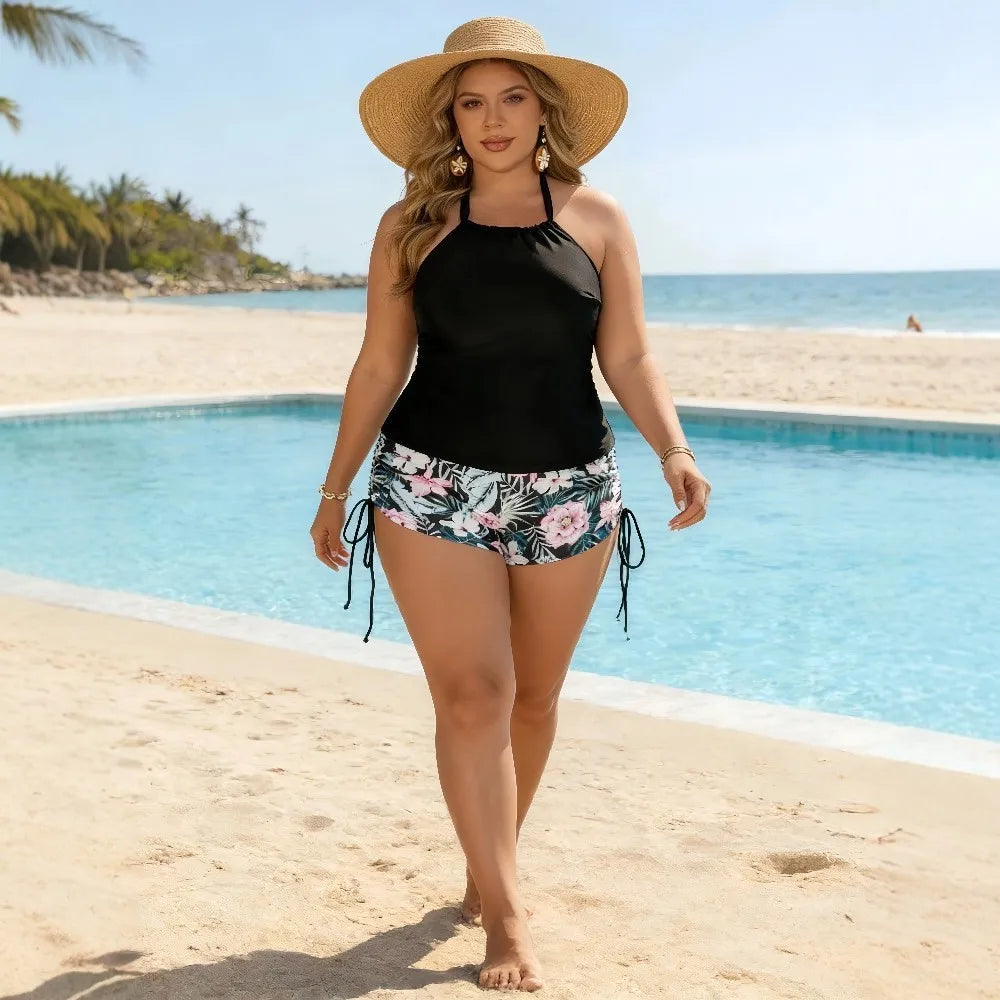 Swimwear 2026 Tankini With Shorts Tankini Top Halter Neck Floral Print Swim Tank High Waist Black Solid Two Piece Swimsuit