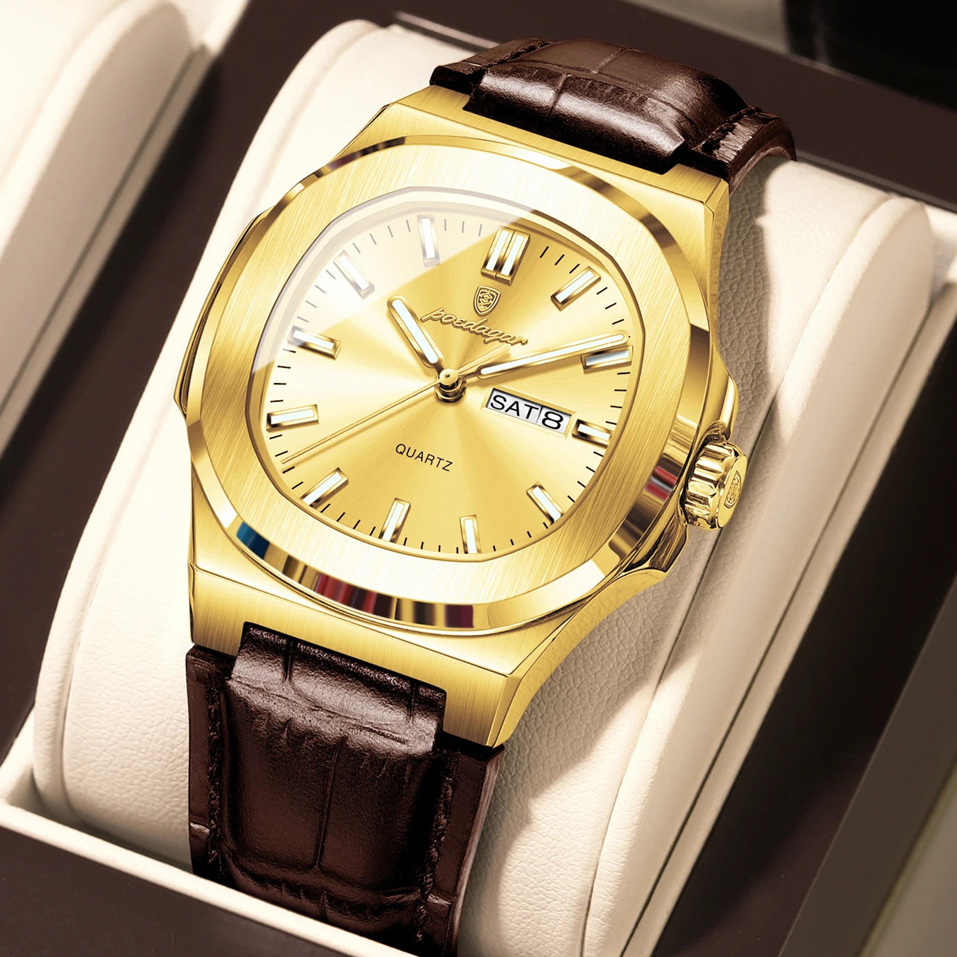 POEDAGAR Top Fashion Men's Quartz Watches Luxury Luminous Waterproof Man Clock Week Date Leather Business Men Watch Reloj Hombre