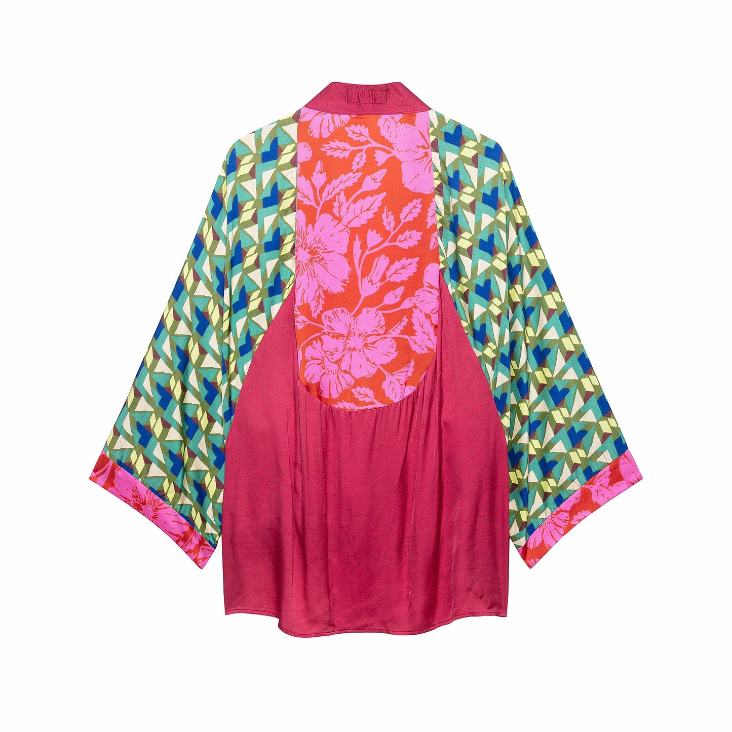 2 pieces 1 Set Autumn Contrast Color Geometric Print Bow Long Bat Sleeve Kimono Cardigan + Tie Bow Waist Asymmetry Skirts Suits