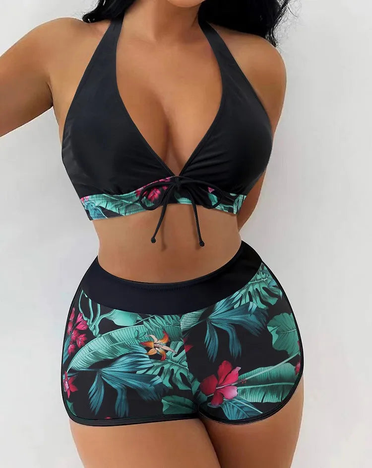 Swimsuit Woman Two Piece Swimsuit Sleeveless Tankini Top High Waist Shorts Swimwear With Tropical Leaf Print Halter Neck