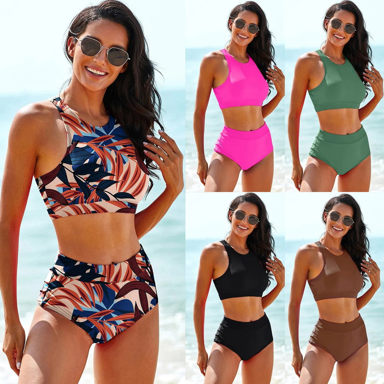 Woman Swimsuits Solid Color Tankini Tropical Print Crop Tankini Top Two Piece Brief Swim Tank High Waist Sporty Bikini Top