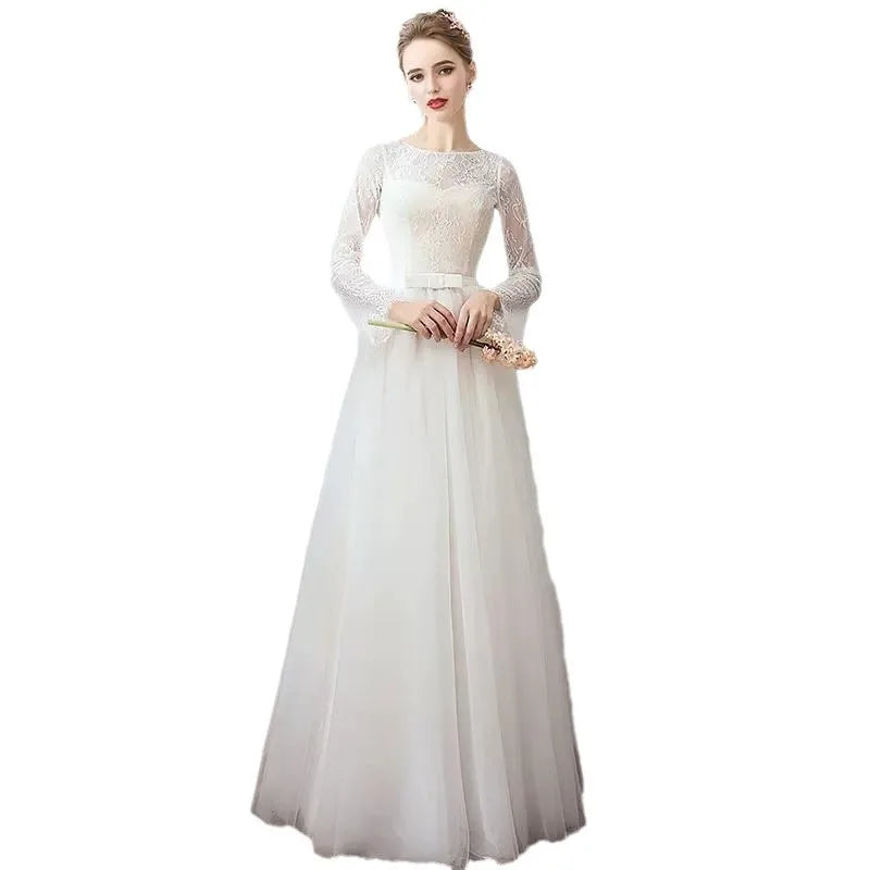 2026 New Bridal Retro Long Sleeve Wedding Dress, Evening Dress, Fashionable, Simple and Slim Outing Yarn Super Fairy Dress