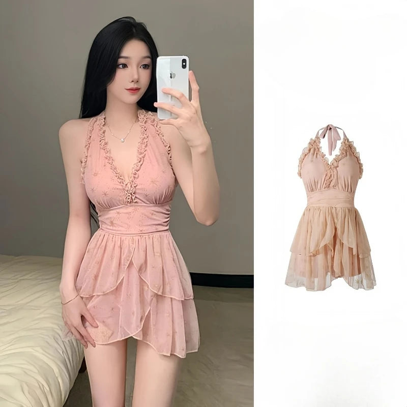Ladies 2026 Fashion Skirted Monokini Tummy Hiding Ruffle Hem Slim Fit Sweetheart Neckline Classy Sexy Bathing Suit Spa