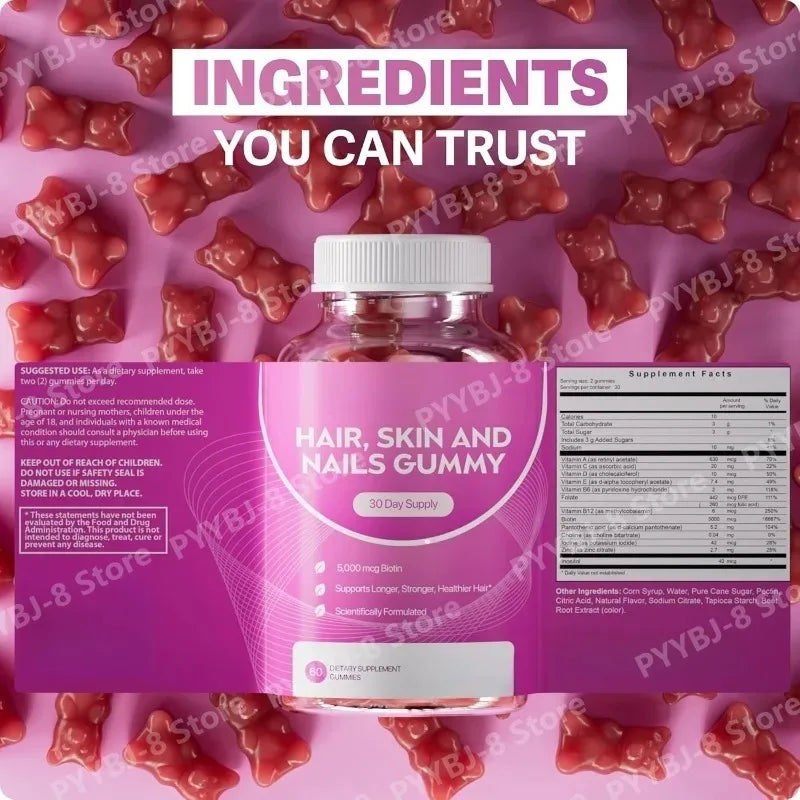 60 Count Hair Vitamin Gummies Support Healthy Growth of Hair and Nails for Women & Men Contain 5000mcg Biotin and MultiVitamin