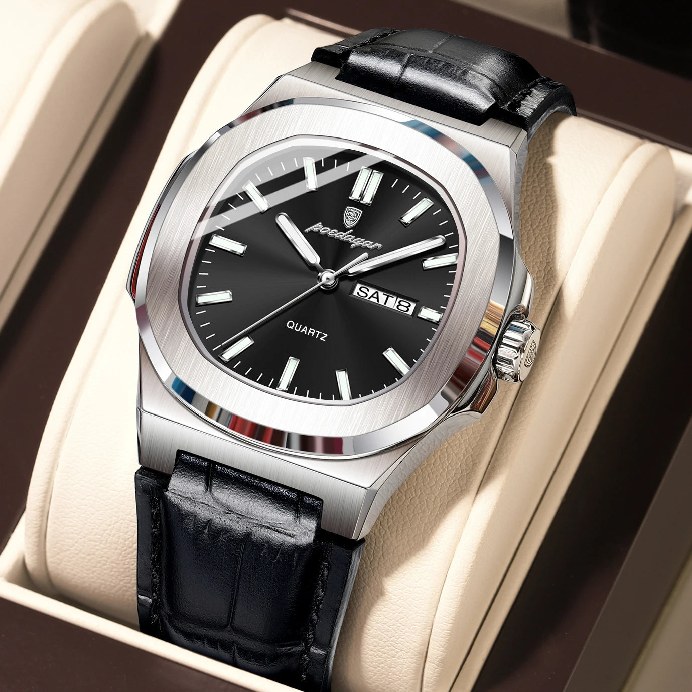 POEDAGAR Top Fashion Men's Quartz Watches Luxury Luminous Waterproof Man Clock Week Date Leather Business Men Watch Reloj Hombre