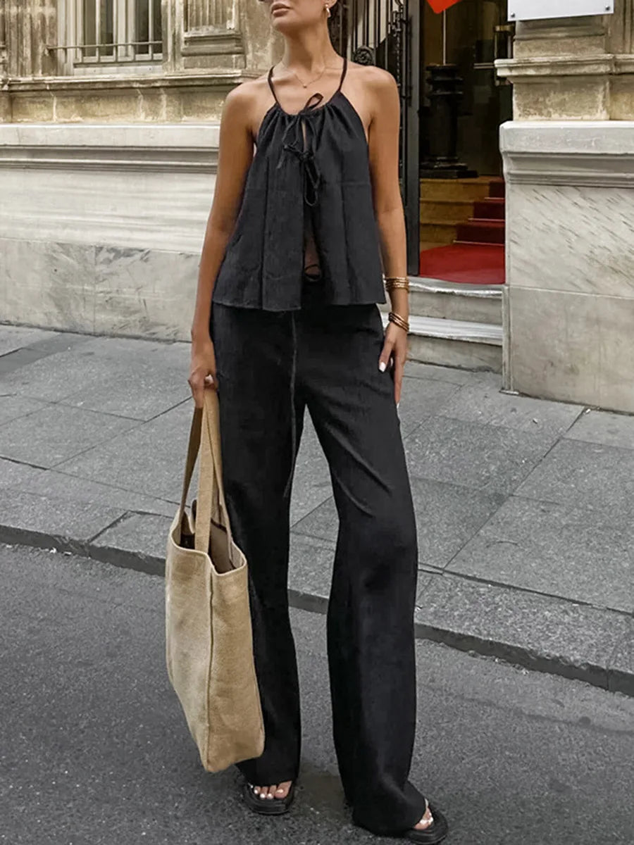2026 Women Two Piece Set Women's Matching Sets Halter Spaghetti Strap Tie Front High Waist Wide Leg Pants Linen Beach Outfit