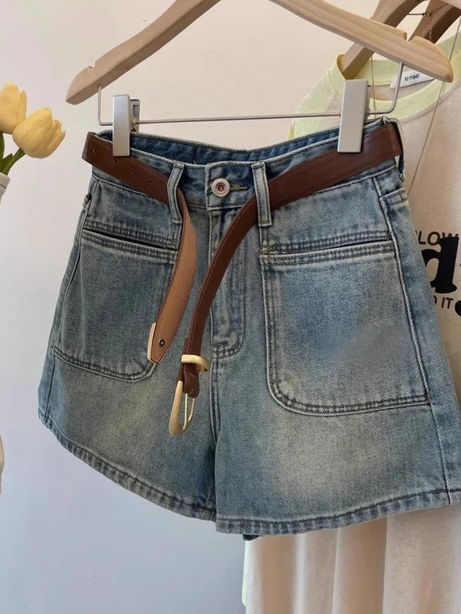 Women High Waist Denim Shorts with Belt Vintage Washed Big Pockets Casual Streetwear Hot Pants Summer Jeans Short