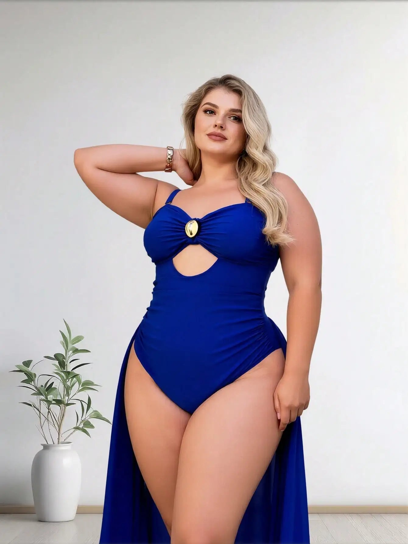 2026 New Plus Size Royal Blue One-Piece Swimsuit Women's Cutout Ruched Tummy Control Bathing Suit With Gold Accent For Beach Vacation, Push-Up & Slim Fit