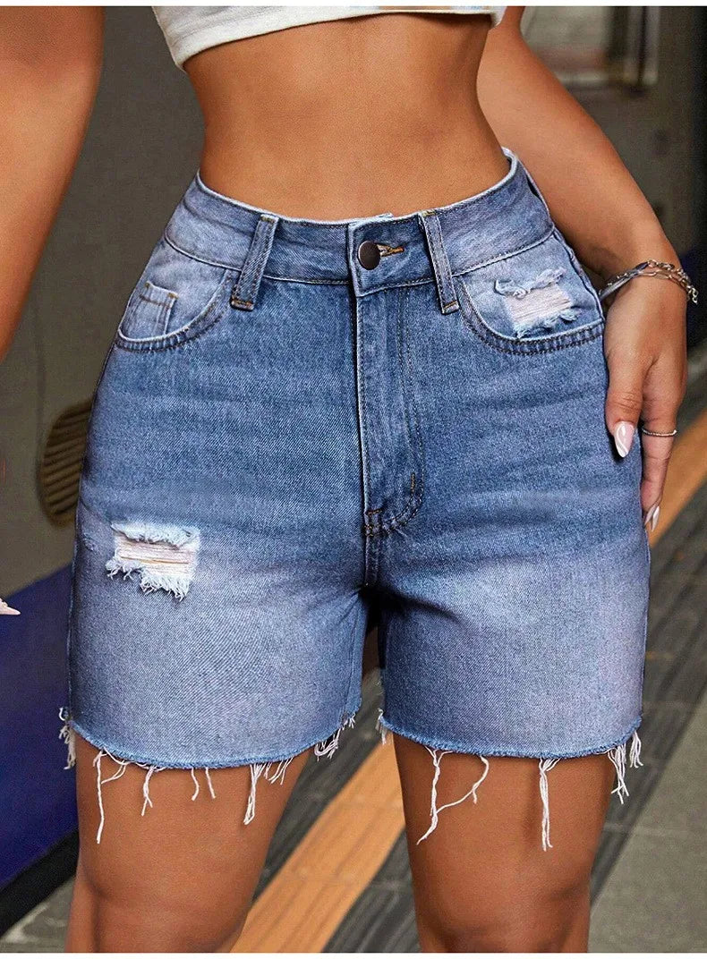 Women's Blue Mid Waist Straight Leg Distressed Cotton Casual Shorts for Women Capri Length Pocket Detail Medium Weight Jorts
