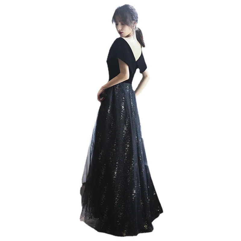 High End Slimming Evening Dress for Women 2026 New Black V-neck Velvet Atmospheric Long Style Elegant Aura Queen Host Dress