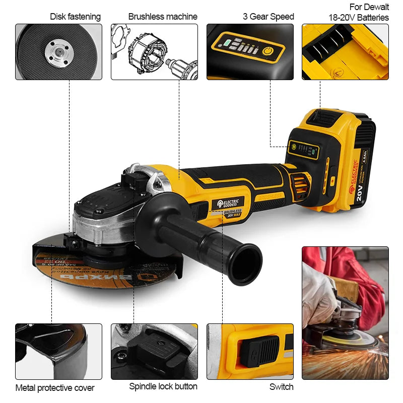 Electric Goddess 125mm Brushless Electric Angle Grinder Power Tool Cordless Polishing Grinding Tool For Dewalt 20V Battery Pin