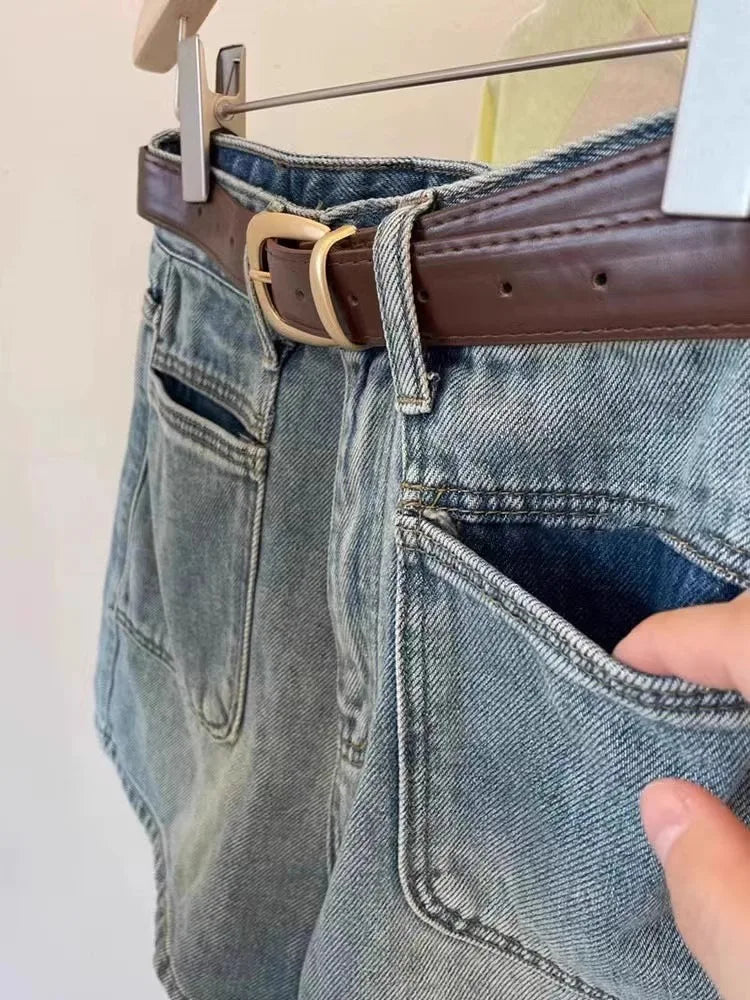 Women High Waist Denim Shorts with Belt Vintage Washed Big Pockets Casual Streetwear Hot Pants Summer Jeans Short