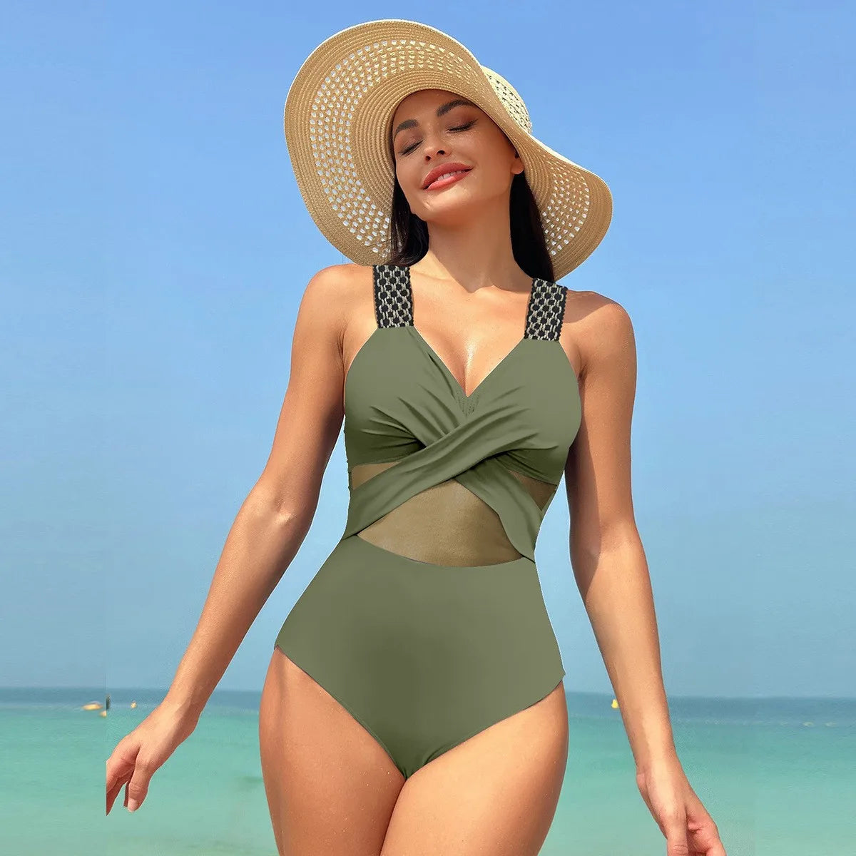 Women's Sleeveless Solid Color Mesh Tankini Bikini Set – Tankini Woman Bathing Suit for Summer Beach Swimwear Dames with Sheer