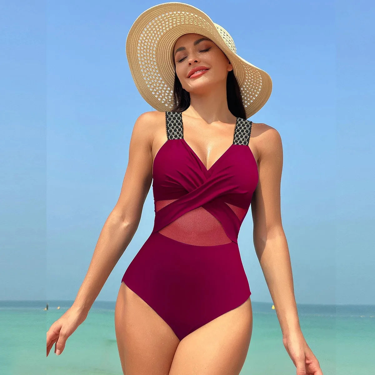 Women's Sleeveless Solid Color Mesh Tankini Bikini Set – Tankini Woman Bathing Suit for Summer Beach Swimwear Dames with Sheer