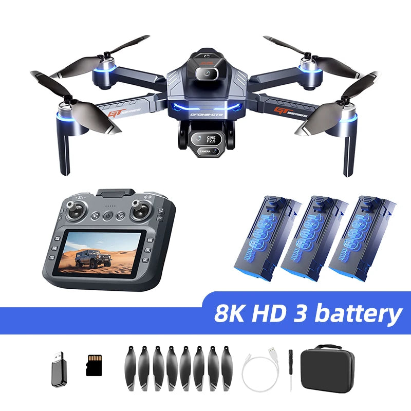 Original GT8 Drone 8K HD Three-camera Aerial Photography Wifi FPV RC with screen Brushless Motor Folding Quadcopter Dron Toys