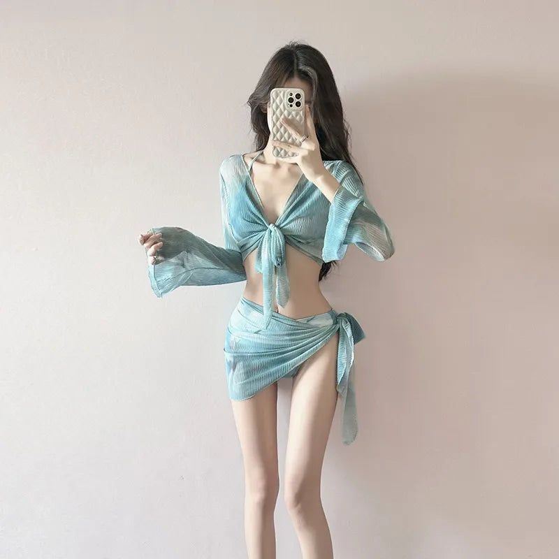 Women Two Piece Swimsuit Set Sexy Push Up Bikini with Sheer Cover Up Top Korean Style Beachwear Bathing Suit for Female Holiday