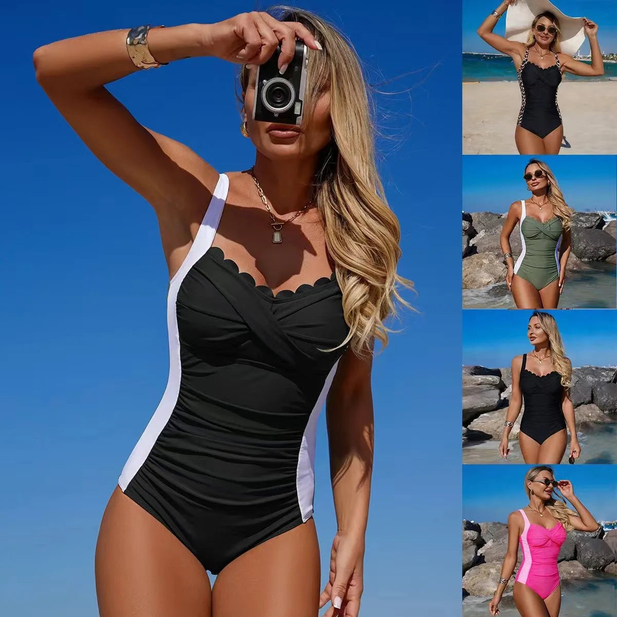 Black Swimsuit Scalloped Neckline Twisted Front Olive Green One-Piece Swimsuit Ruched Waist Side Panel Contrast High Cut Leg