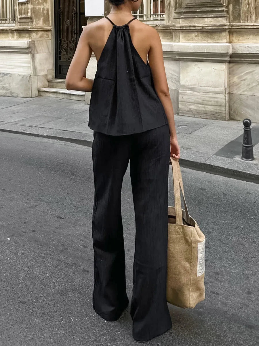 2026 Women Two Piece Set Women's Matching Sets Halter Spaghetti Strap Tie Front High Waist Wide Leg Pants Linen Beach Outfit