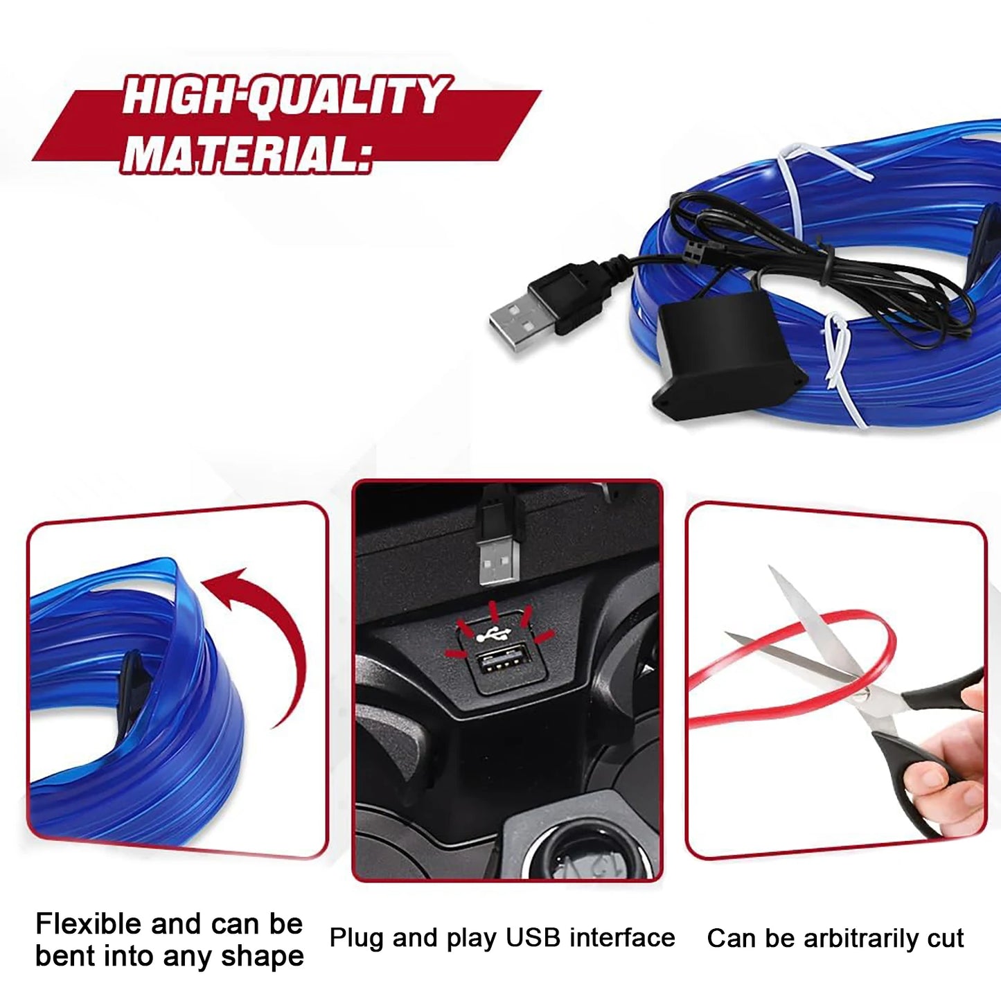 5m Neon LED Car Interior Lighting Strips 5V DIY Flexible EL Cold Light Line Tube Car Interior Decoration Lamp USB Strip